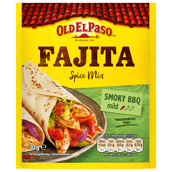 en pakke Old El Paso røykfylt BBQ fajita krydderblanding mild, 30g