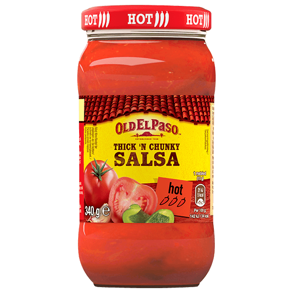 en glassflaske Old El Paso varm tykk og tykk salsa, 340g